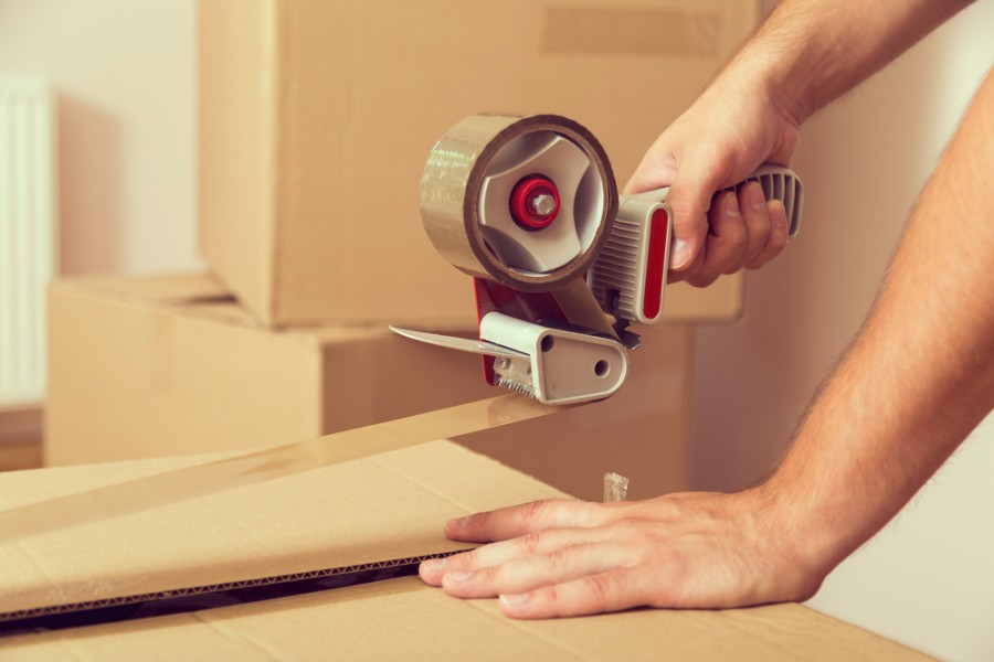 Professional movers packing boxes for warehouse moving